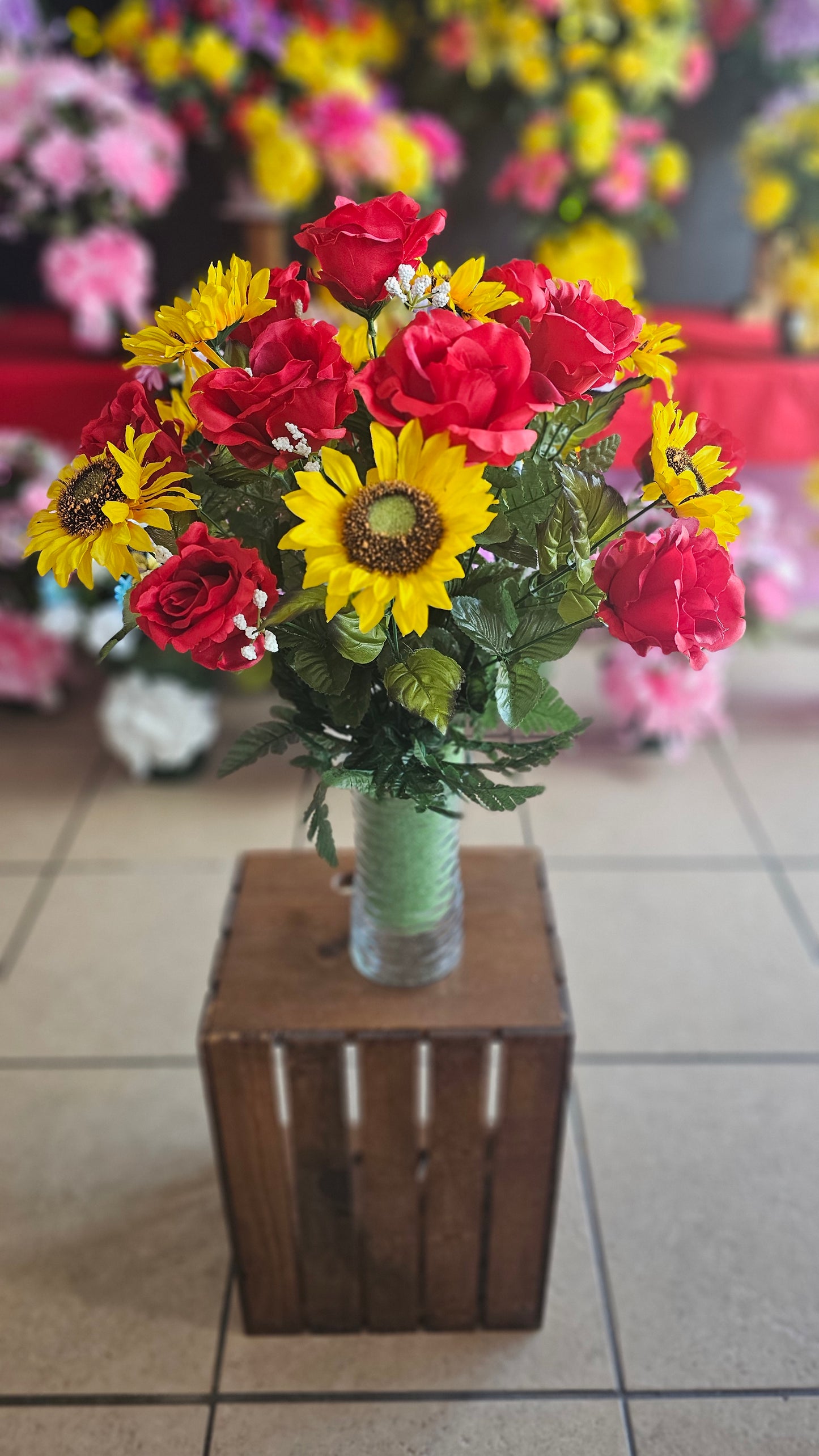 “Fields of Grace” in Red & Yellow Cone Arrangement
