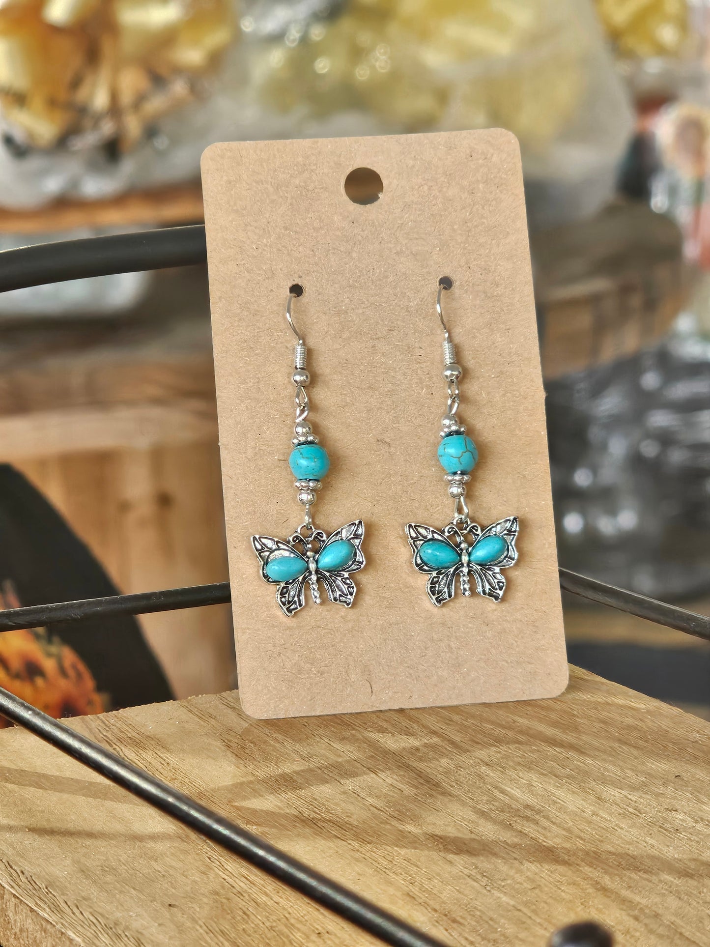 Turquoise & Silver Dangle Butterfly Earrings