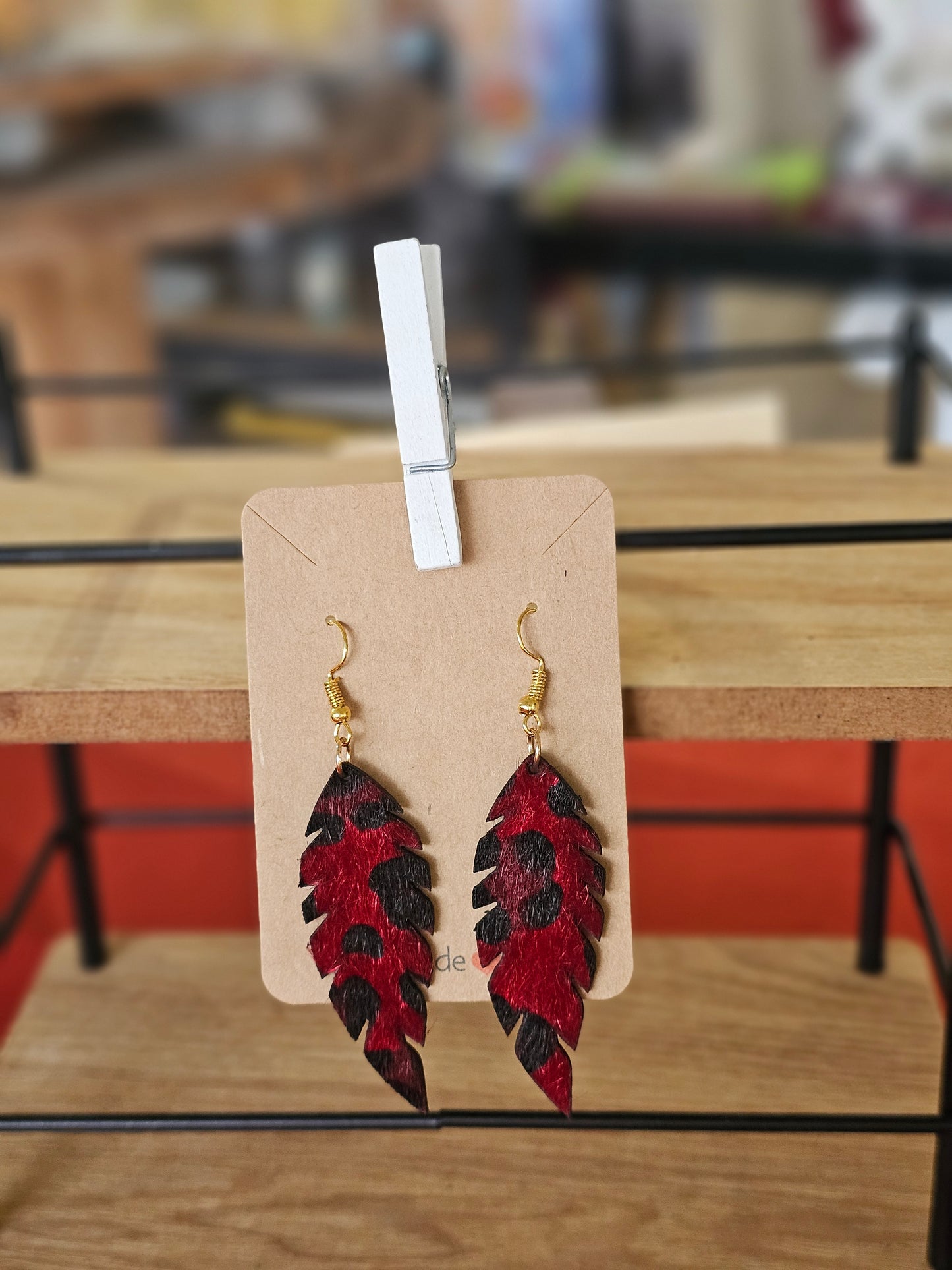 Red & Black Textured Leather Feather Earrings