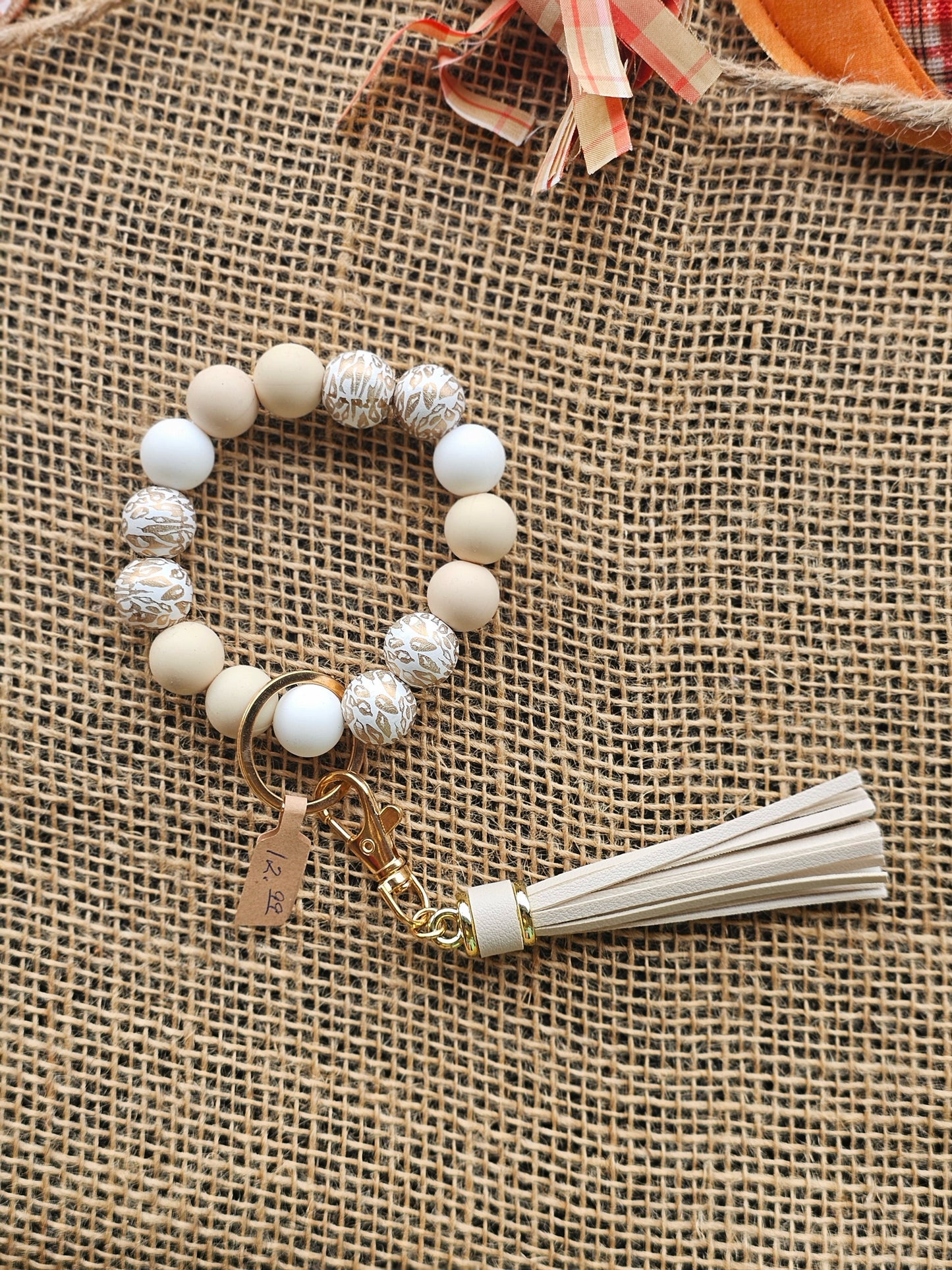 Beige Leopard Beaded Key Ring