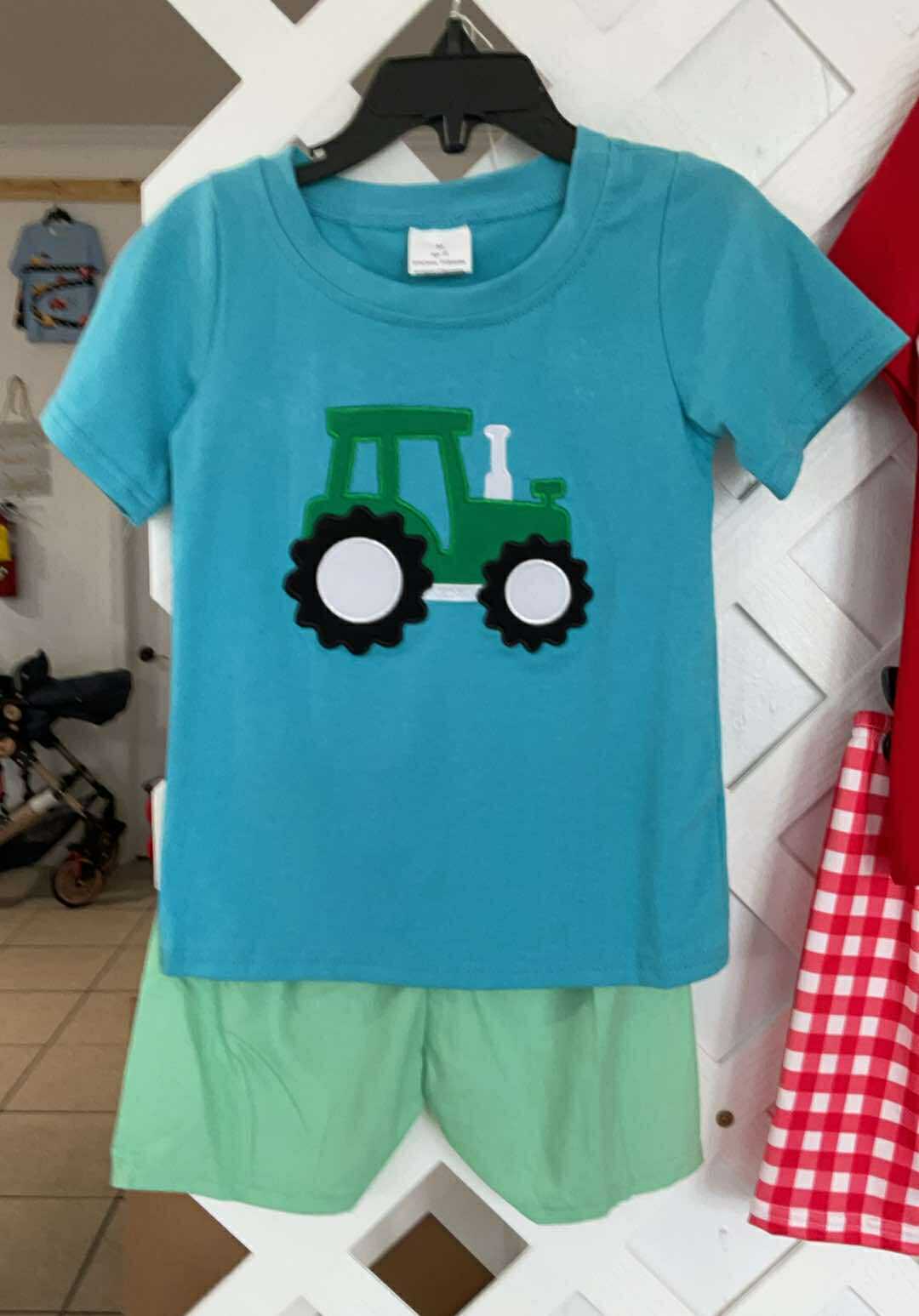 Blue & Green Tractor Shorts Set