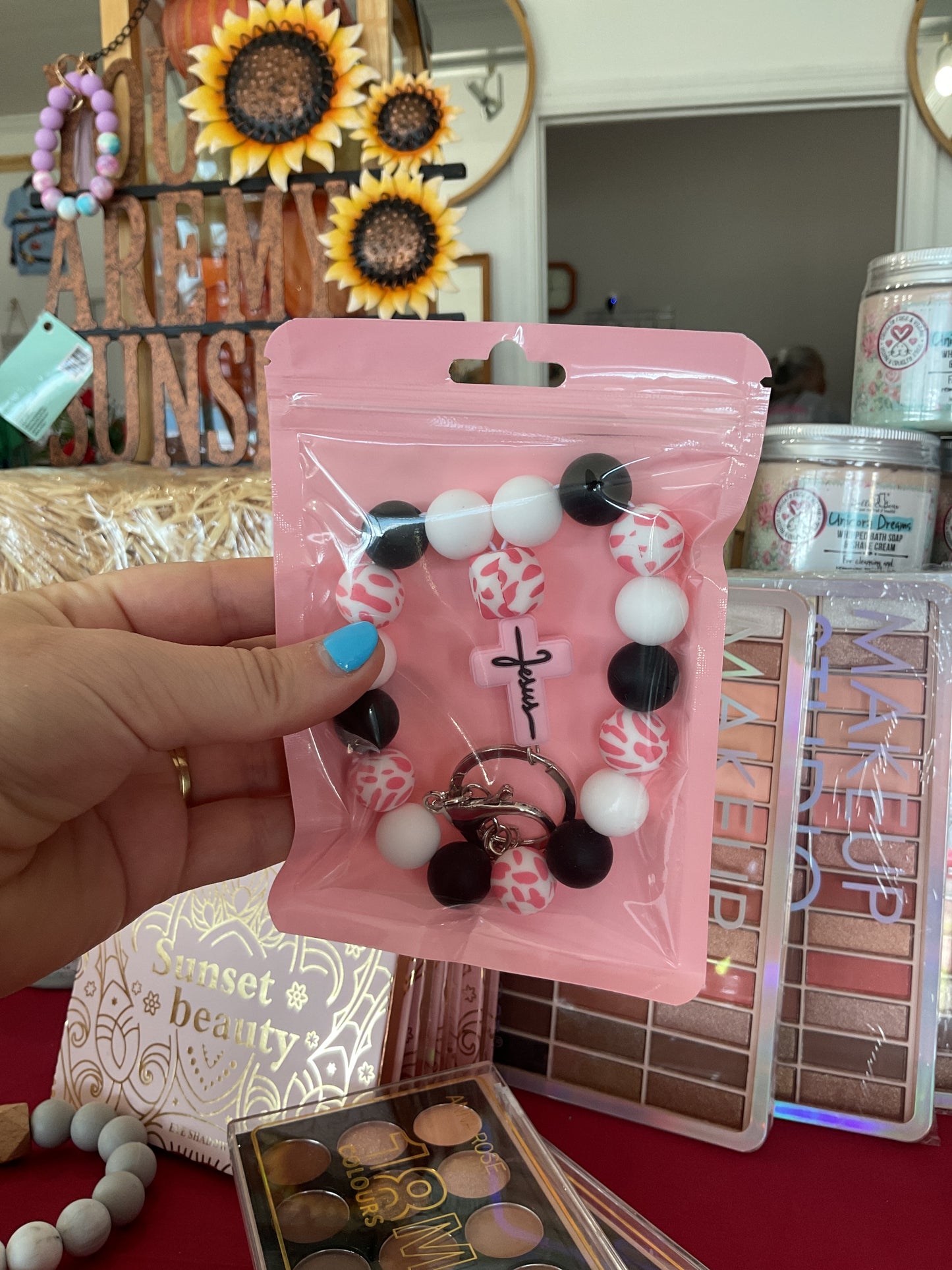 JESUS Pink Cow Print Beaded Key Ring