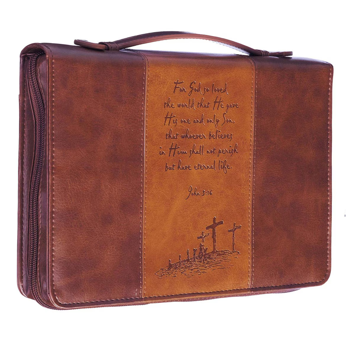 For God So Loved the World Two-tone Tan Faux Leather Classic Bible Cover - John 3:16