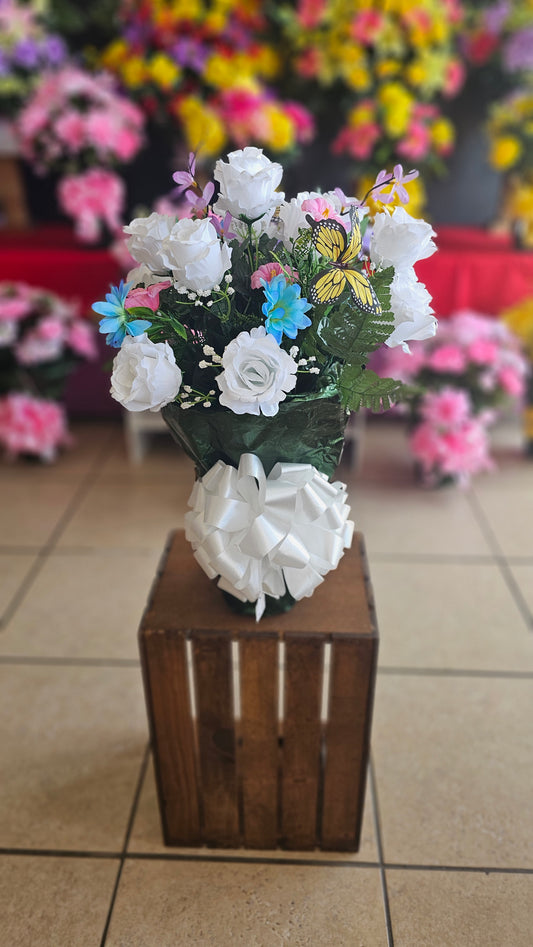 “Heaven’s Whisper” White Rose & Butterfly Arrangement