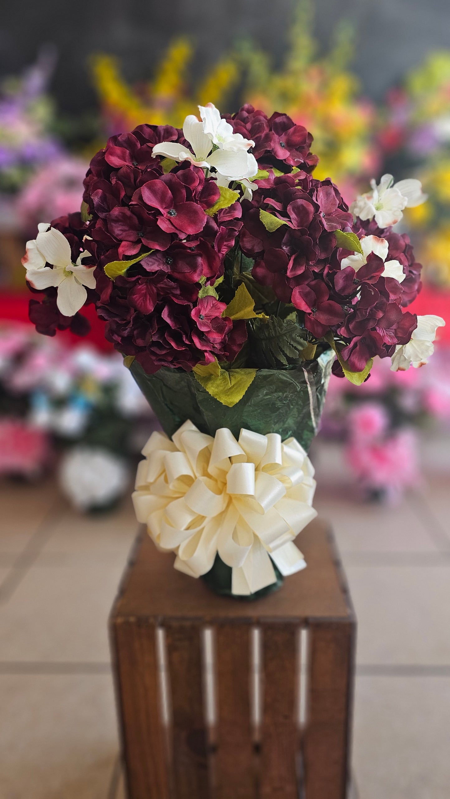 “Peaceful Glory” in Burgundy & White Arrangement
