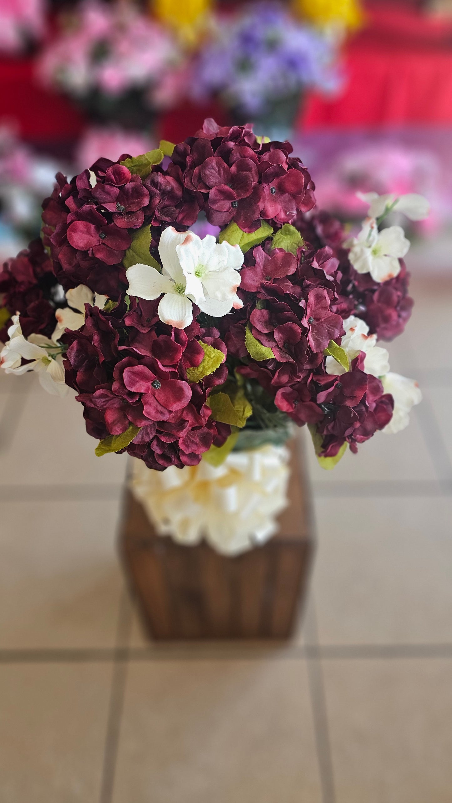 “Peaceful Glory” in Burgundy & White Arrangement