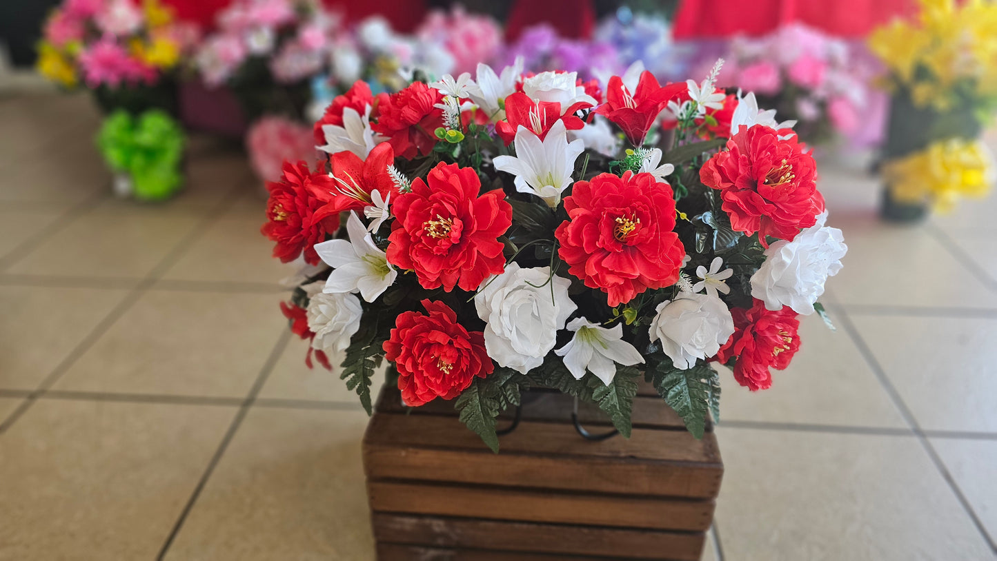 "Faithful Flame" in Red & White Arrangement – Headstone Style