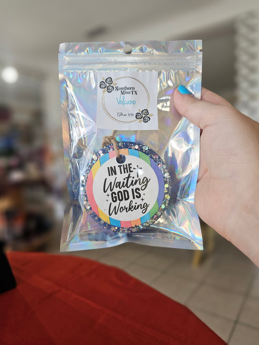 In The Wait God Is Working Car Freshie | Volcano