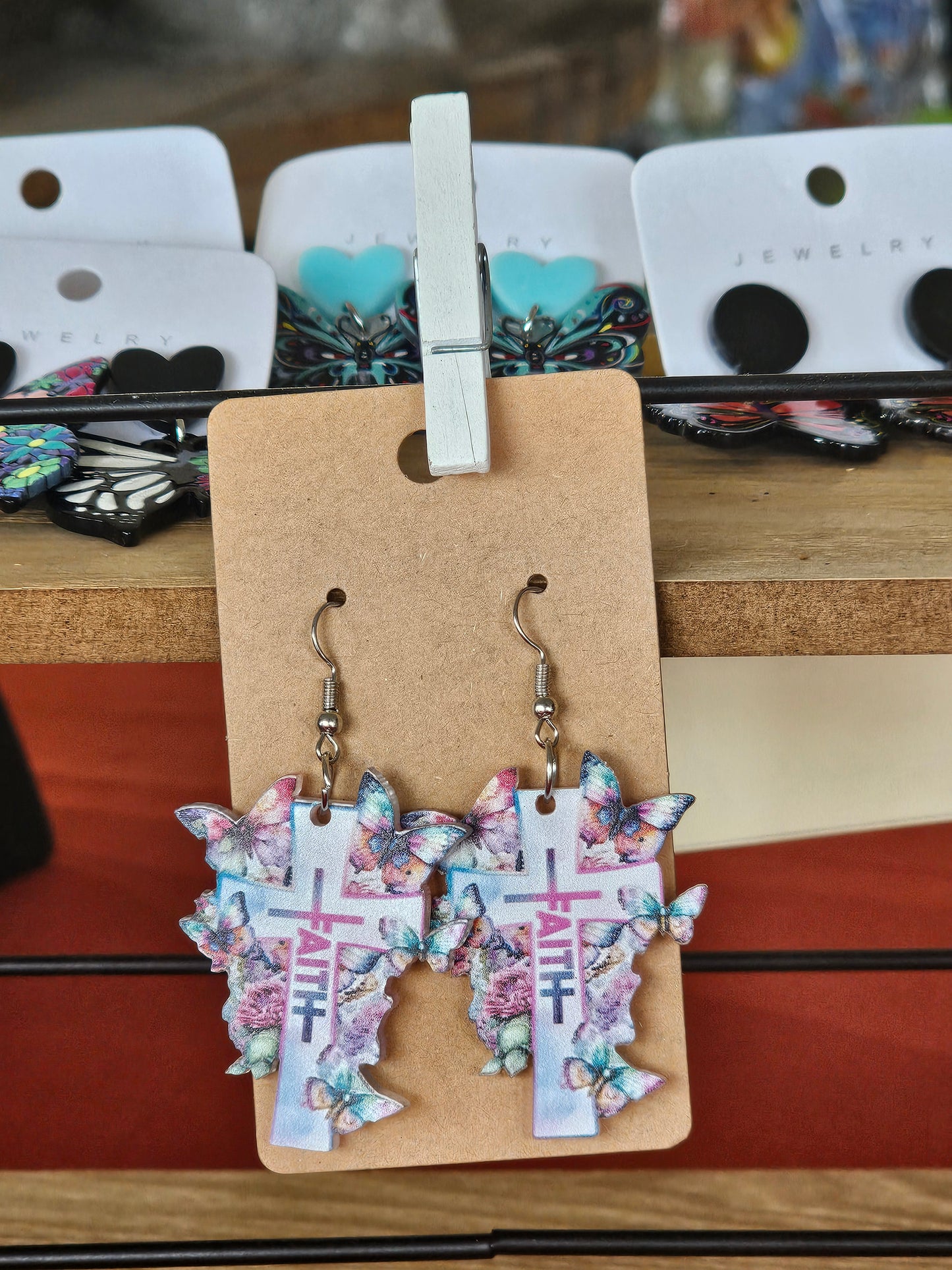 Floral Butterfly FAITH Cross Earrings