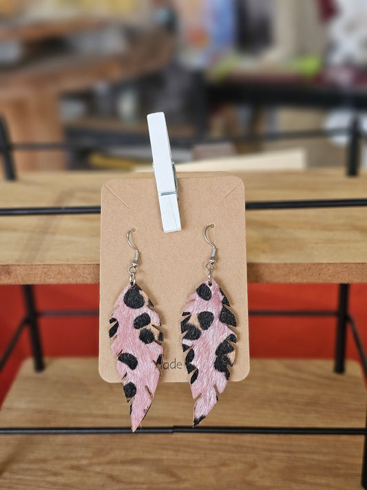 Pink Textured Leather Feather Earrings