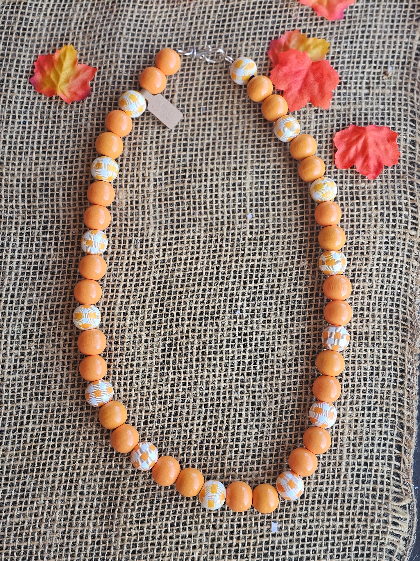 Orange Plaid Beaded Bubble Necklace