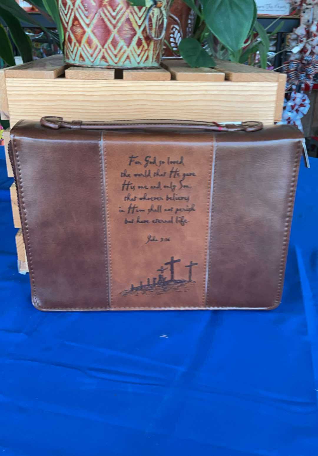 For God So Loved the World Two-tone Tan Faux Leather Classic Bible Cover - John 3:16