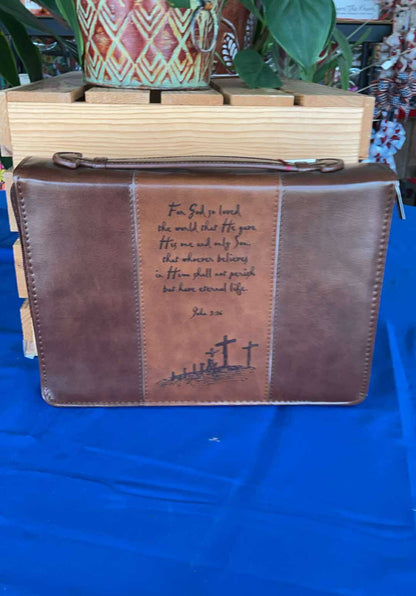 For God So Loved the World Two-tone Tan Faux Leather Classic Bible Cover - John 3:16