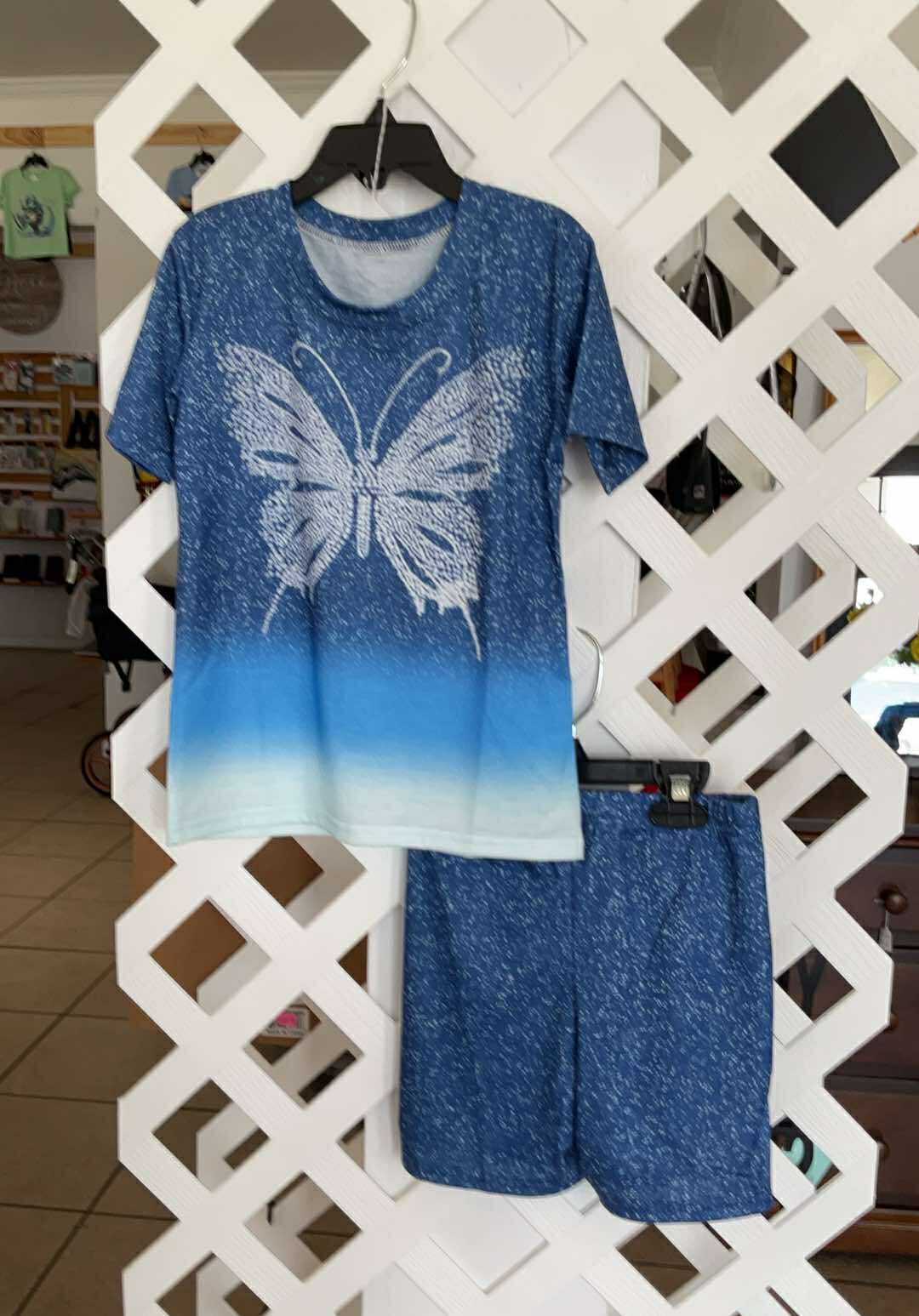 Faux Glitter Blue Butterfly Shorts Set