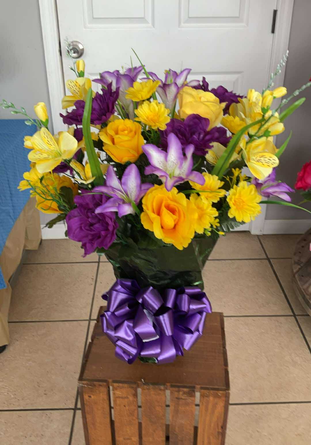 “Quiet Joy” in Yellow & Purple Arrangement