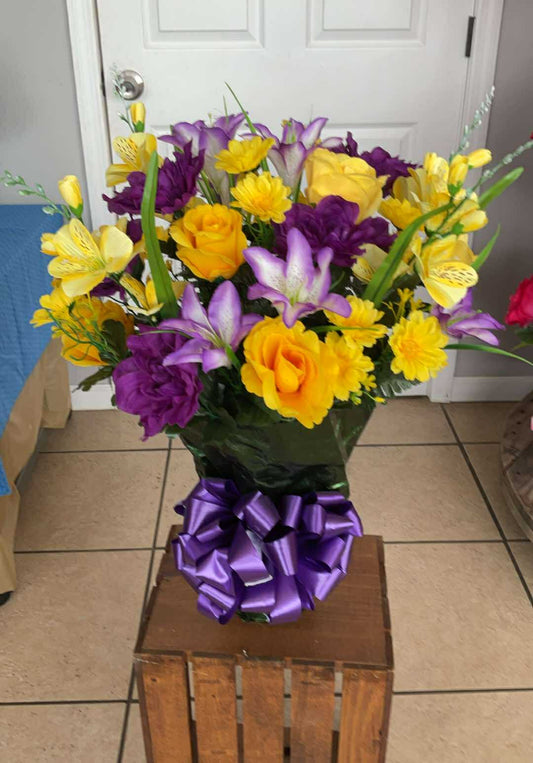“Quiet Joy” in Yellow & Purple Arrangement