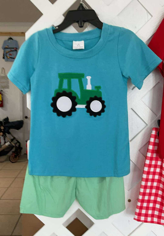 Blue & Green Tractor Shorts Set