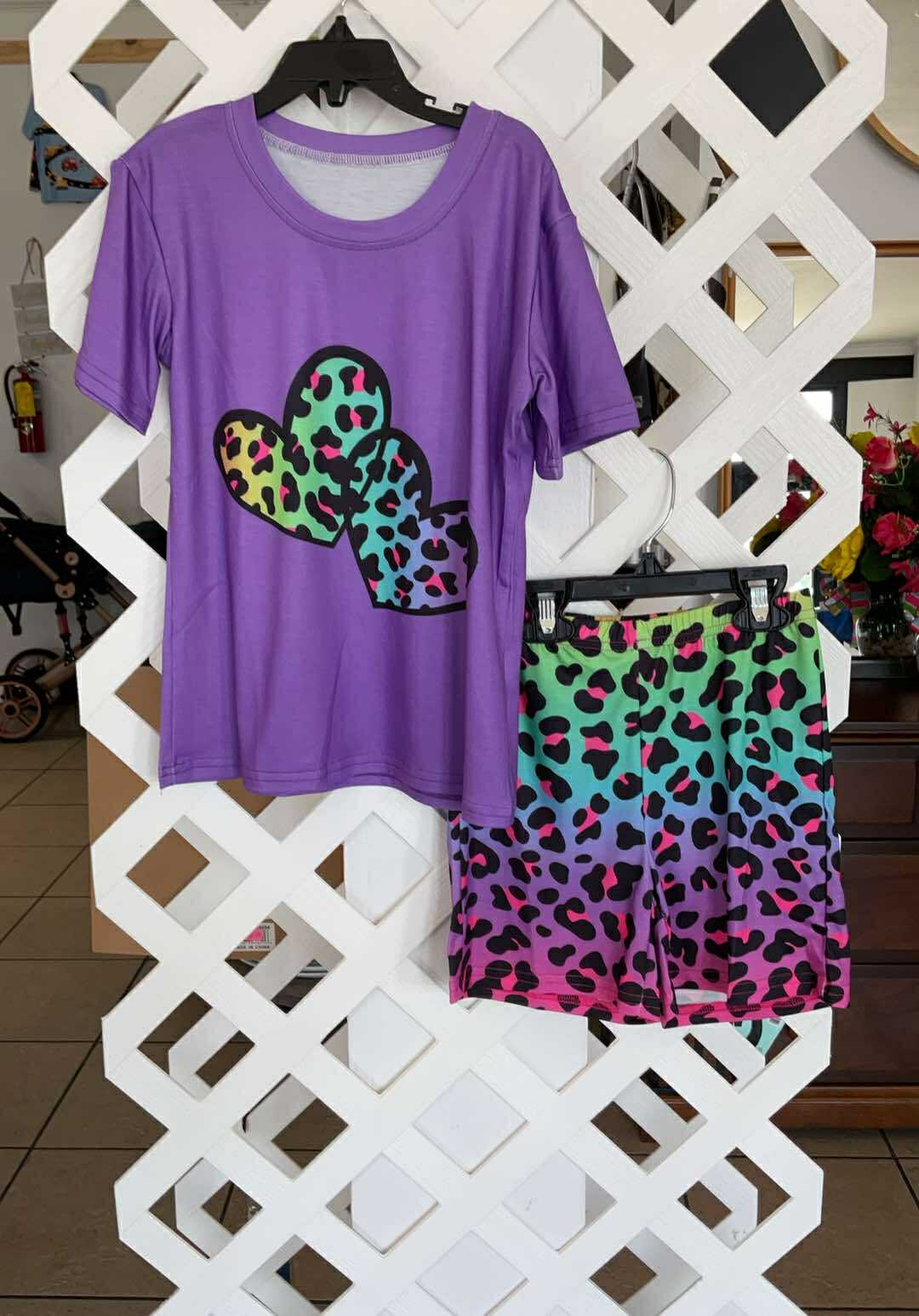 Rainbow Leopard Shorts Set in Purple
