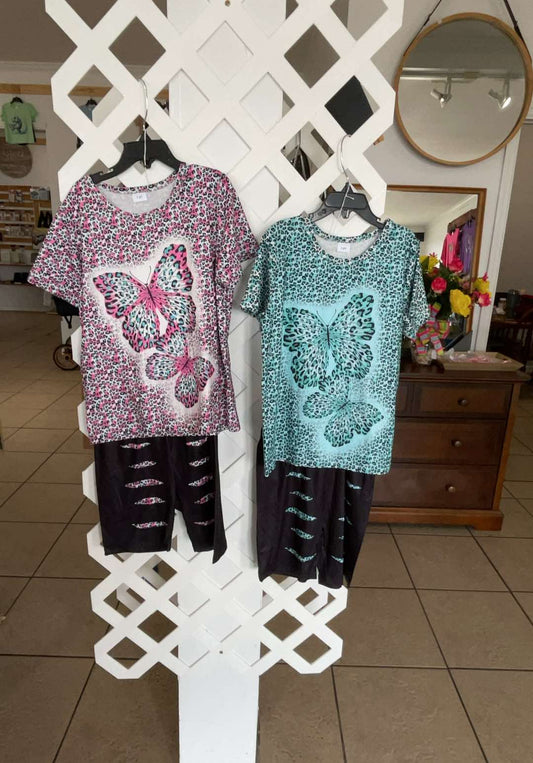 Turquoise Leopard Butterfly Shorts Set