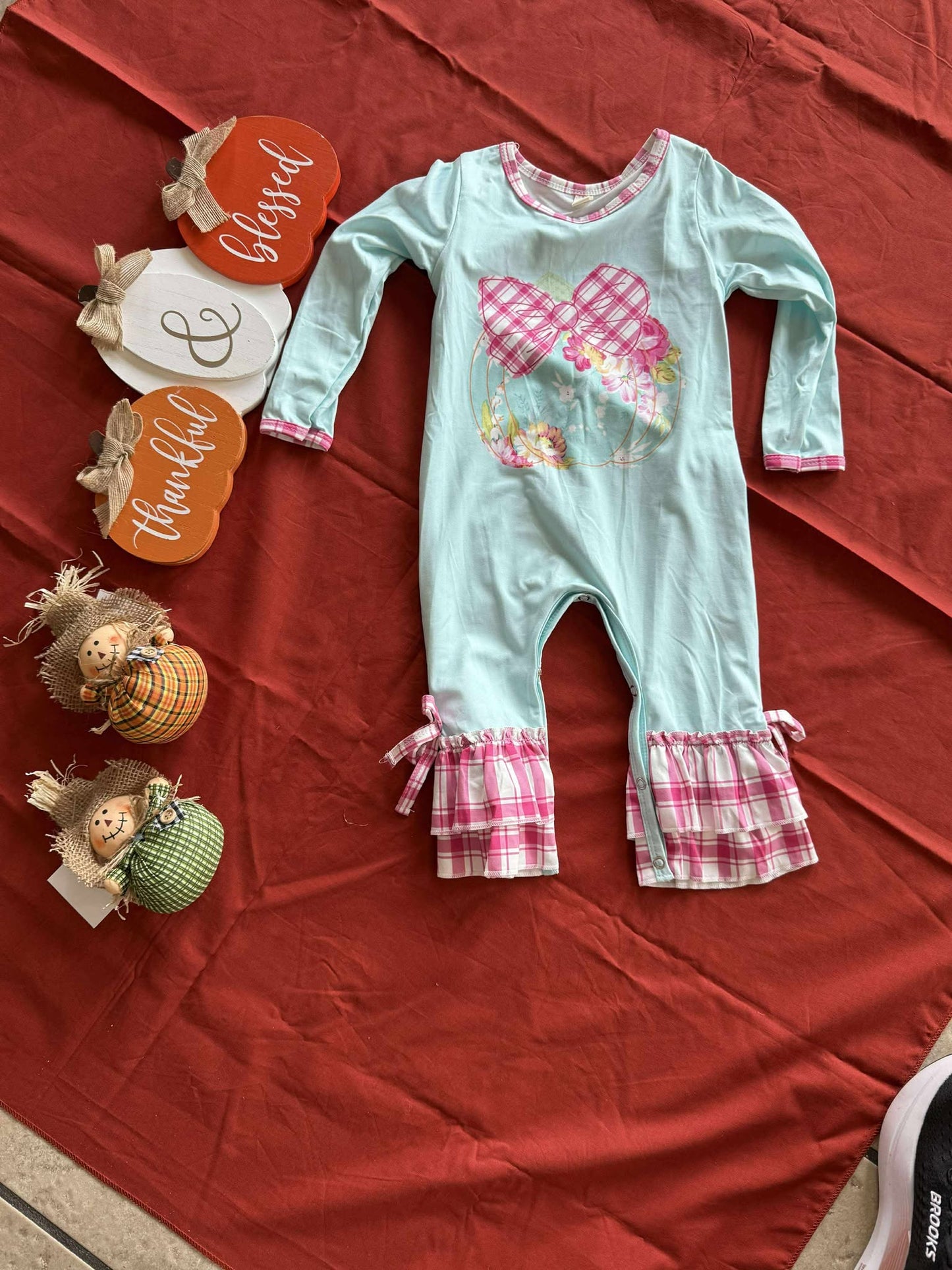 Pink Plaid Pumpkin Aqua Girl's Romper