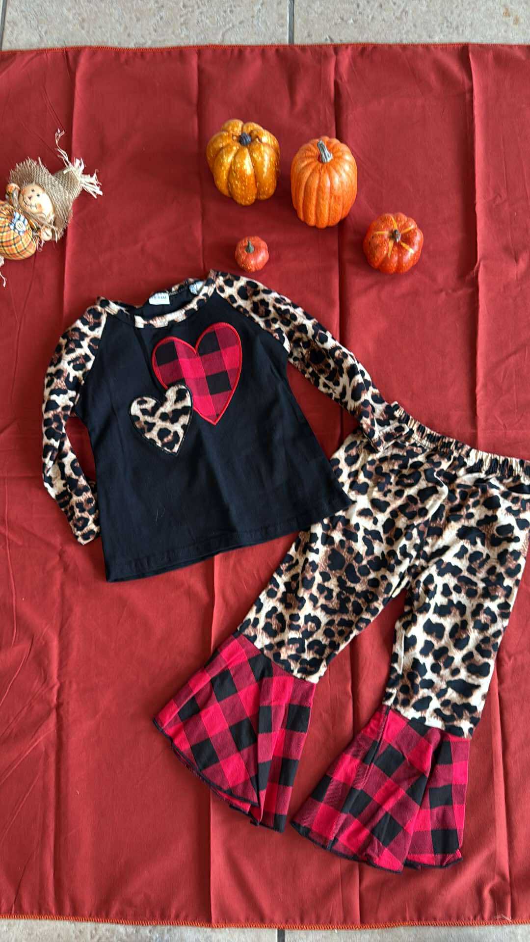 Leopard Plaid Hearts Flare Pants Set