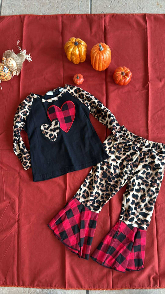 Leopard Plaid Hearts Flare Pants Set