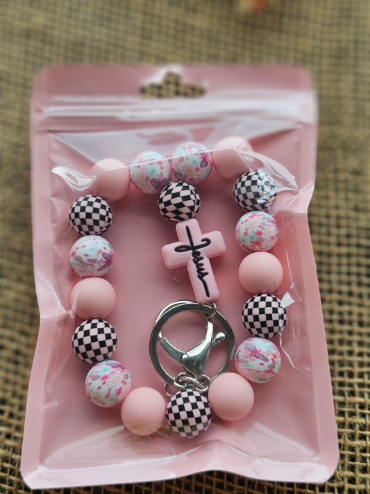 JESUS Pink Print Beaded Key Ring