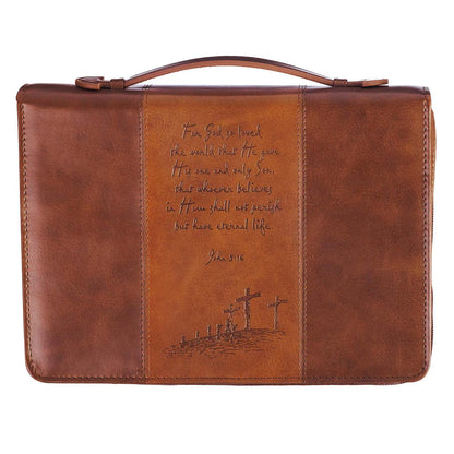 For God So Loved the World Two-tone Tan Faux Leather Classic Bible Cover - John 3:16