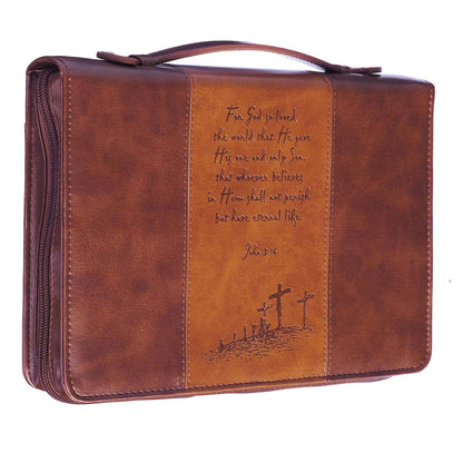For God So Loved the World Two-tone Tan Faux Leather Classic Bible Cover - John 3:16
