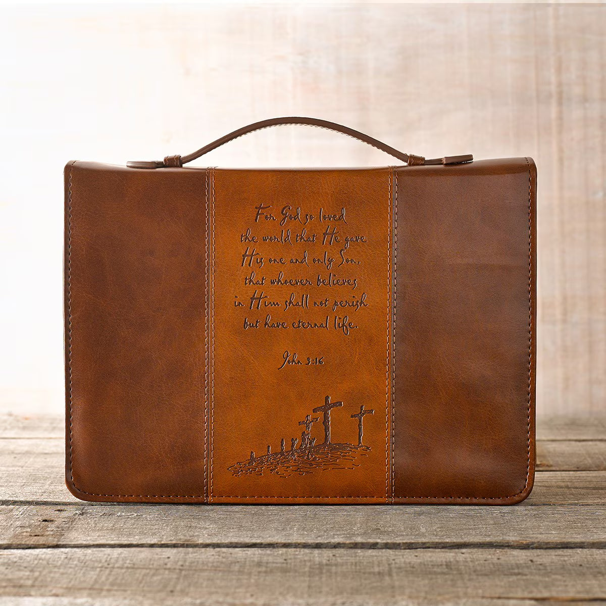 For God So Loved the World Two-tone Tan Faux Leather Classic Bible Cover - John 3:16