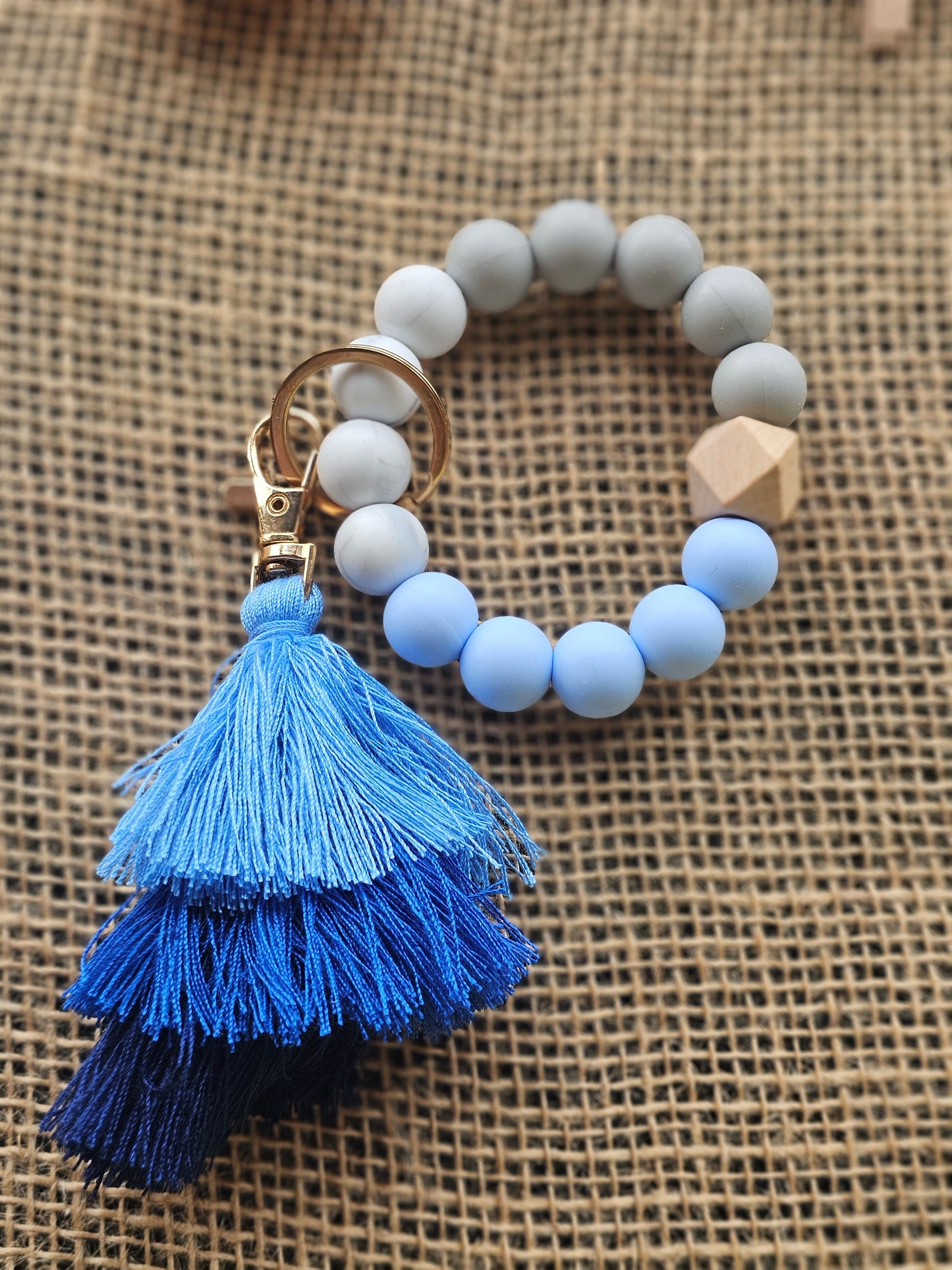 Blue Geo Beaded Key Ring with Tassel