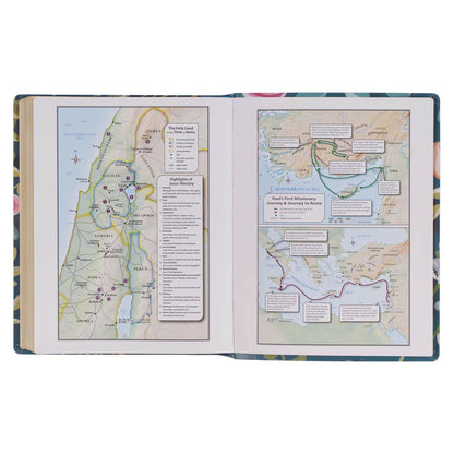 Teal Floral Ally Collection Large Print Faux Leather King James Version Note-taking Bible - Matthew 22:37
